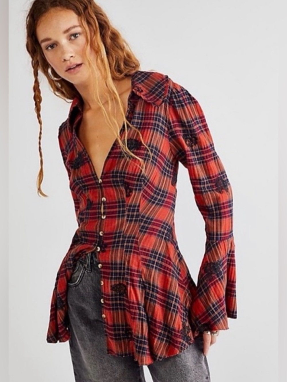 FREE PEOPLE Ezra Plaid‎ Embroidered Tunic Top Bell Sleeve XS
